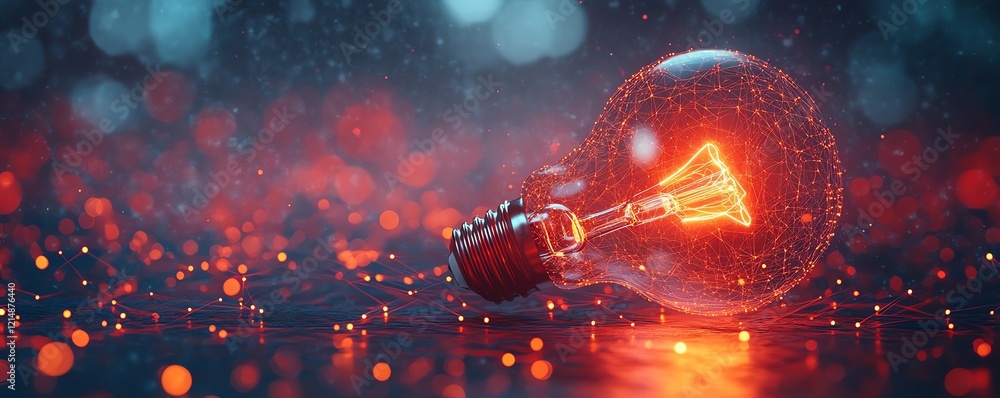 Poster idea generation and web concept featuring a glowing lightbulb surrounded by digital connections, ill