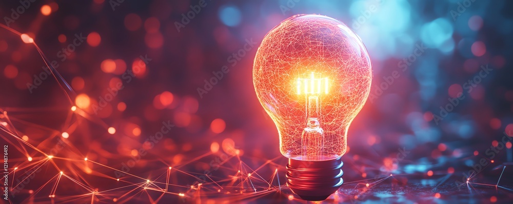 Poster idea generation and web concept featuring a glowing lightbulb surrounded by digital connections, ill