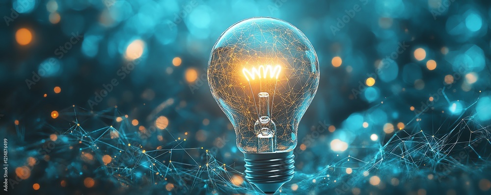 Poster idea generation and web concept featuring a glowing lightbulb surrounded by digital connections, ill
