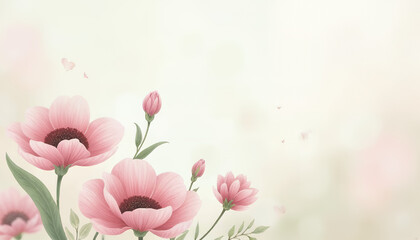 Valentine's day with beautiful floral, Watercolor Floral Frame on Pastel Background, Floral border featuring soft pink flowers and buds on light background, Spring flower background with text space