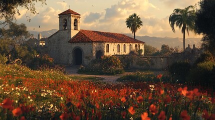 Naklejka premium A serene and picturesque scene of an old church surrounded by vibrant flowers and lush greenery.