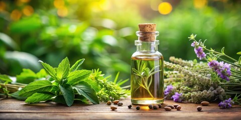 Aromatic essence in a bottle with herbs, herbs, essential oil,  herbs