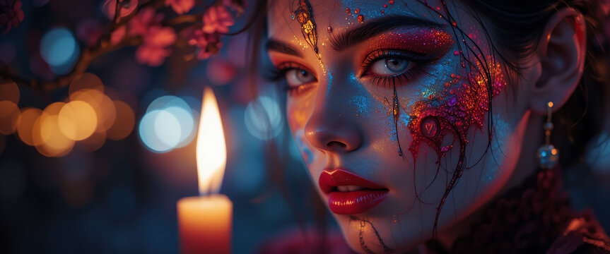 Portrait of woman, intense gaze, dramatic lighting, glowing candle, vibrant red and blue hues, face paint, intricate patterns, bokeh background, cinematic atmosphere, mystical, ethereal, close-up, hig - Powered by Adobe