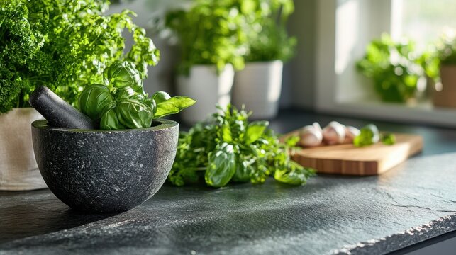 Fresh basil in stone mortar with pestle on kitchen counter in sunlight - Powered by Adobe