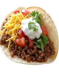 Ground Beef Taco: A delicious ground beef taco, brimming with savory ground beef, ripe tomatoes, shredded cheese, and a dollop of creamy sour cream, garnished with fresh cilantro.