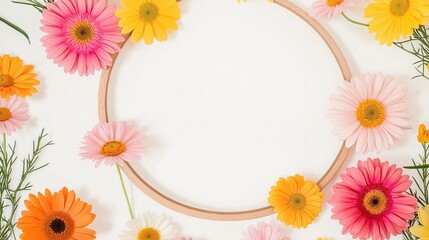 Obraz premium Colorful spring flowers arranged in circle frame. Daisies, gerberas in pink yellow, orange. Floral design for spring summer card decoration. Pretty photo suitable for social media print media.