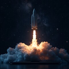A rocket ship blasting off into space.