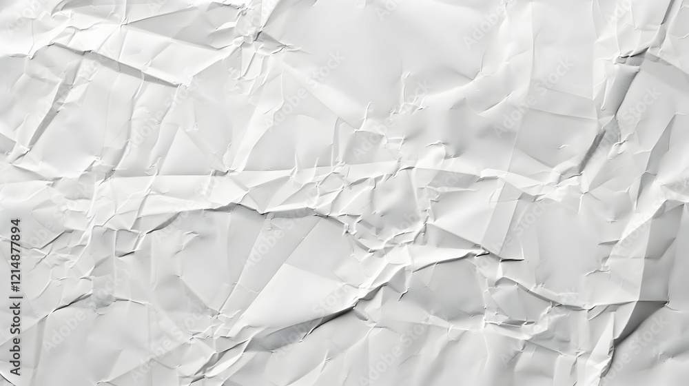 Poster crumpled white paper texture forms abstract shapes and shadows for a textured background