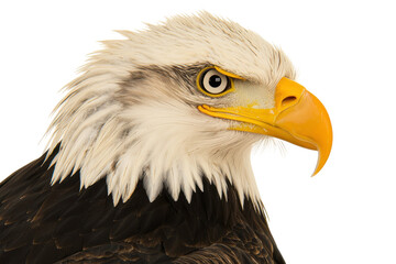 Majestic Bald Eagle Profile: A close-up profile of a bald eagle, its sharp gaze intense, its iconic white head and yellow beak prominent against a clean backdrop.