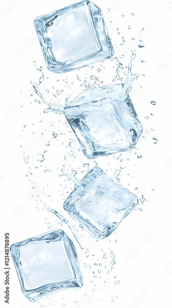 Poster ice cubes splashing into fresh water with dynamic motion on white background.