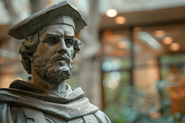 Close-up of Weathered Stone Statue Wearing a Cap and Gown, Displayed in a Blurred Interior Setting.