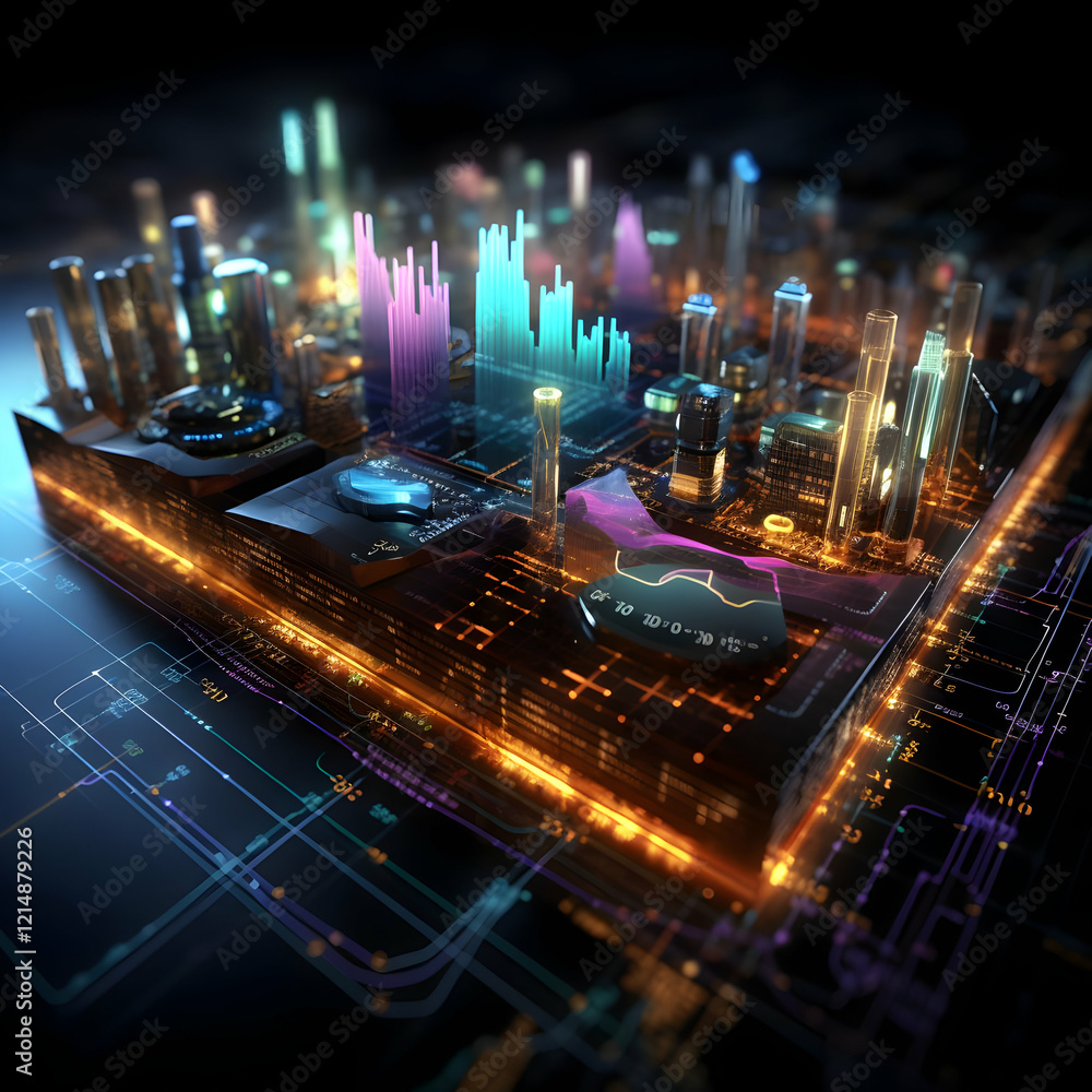 Aufkleber futuristic cityscape integrated with circuitry and data visualization in a 3d render illustration