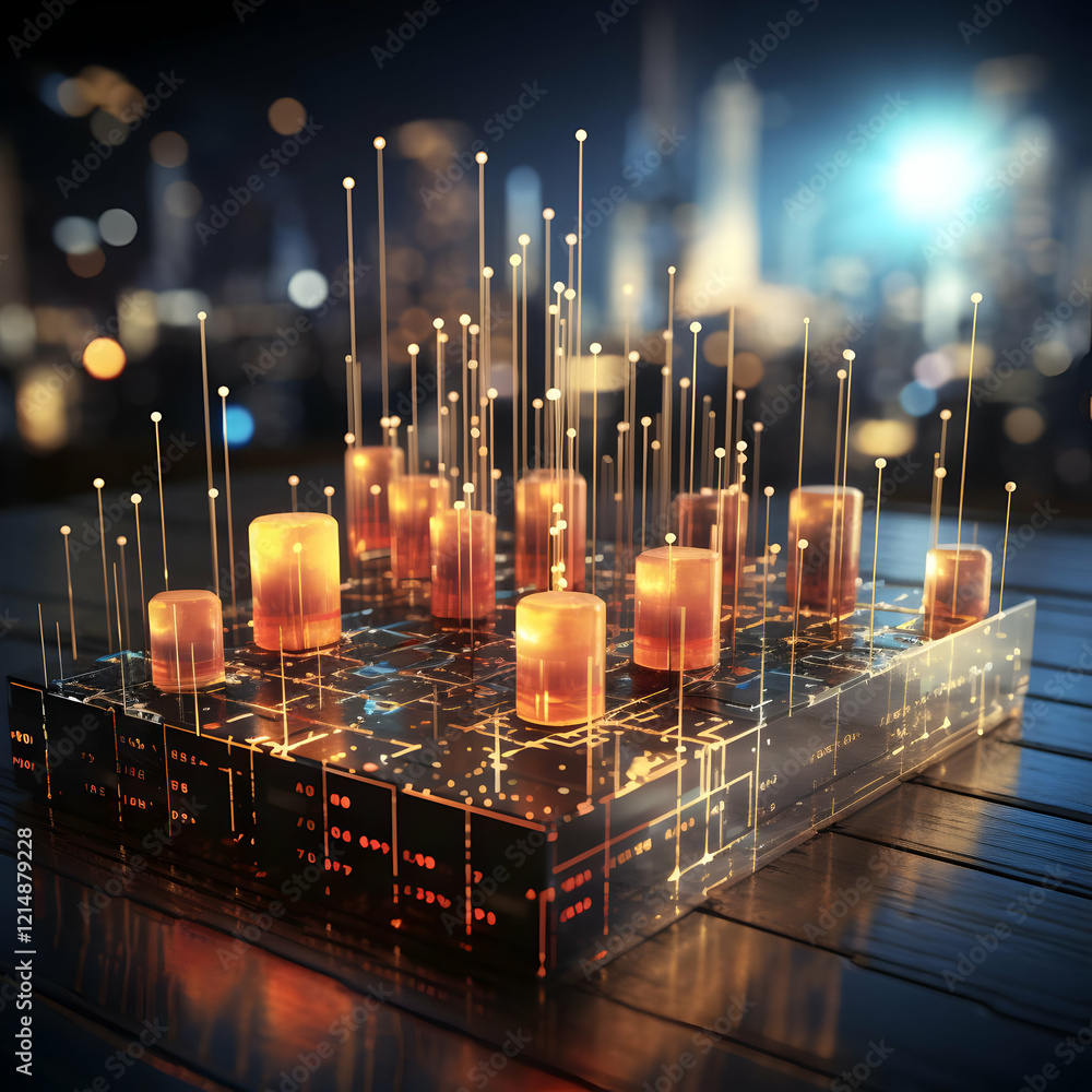 Poster 3d render of futuristic city data visualization displays information with glowing cylinders and conn