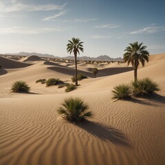 "A secluded desert oasis with palm trees, sand dunes softly blurred in the background."