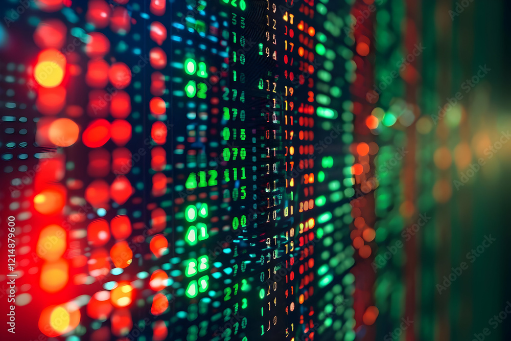 Poster Blurred Stock Market Data Display Shows Numbers and Bokeh Lights with Green and Red Hues