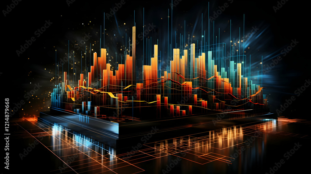 Poster 3d financial chart illuminates with vibrant data visualization accurately dynamically, on a sleek da