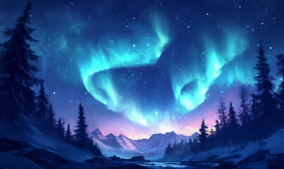 Fototapeta premium a painting of a night sky with aurora lights and trees in the foreground and a mountain in the background