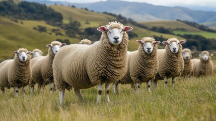 Fototapeta premium Sheep, raising sheep on commercial mountaintops as economic animals The idea of ​​raising animals in a farm style where they can roam around and feed themselves.