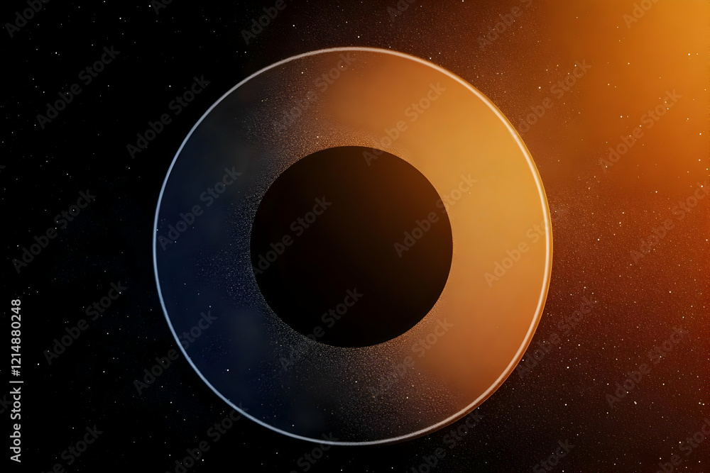 Poster dark planet partially eclipsed by a translucent ring structure in a starry space background