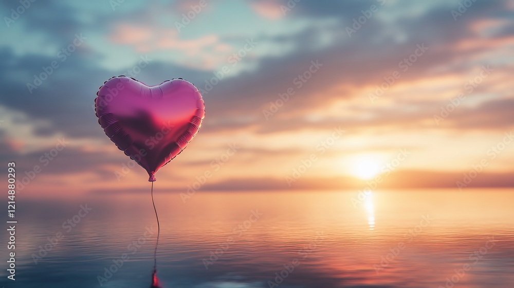 Poster heart shaped balloon floating gently above the ocean surface with setting sun in the background