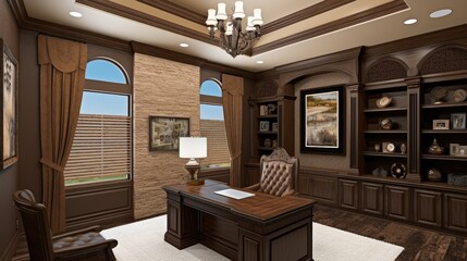 Luxurious Home Office: A richly appointed home office, showcasing elegant wooden furnishings, a spacious desk, a plush chair, and a stunning view through large windows.