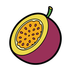 A vibrant Brazilian passion fruit cut in half, revealing its golden, juicy pulp filled with black seeds. Its tropical aroma and tangy sweetness captivate the senses.