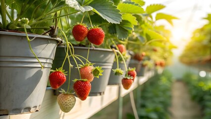 Obraz premium Ripe Strawberries Growing in Hanging Pots Greenhouse Farming