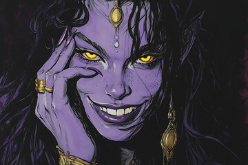 A purple-skinned, beautiful female demon with yellow eyes and long black hair, smiling slyly while covering one of her eyes' lenses with the palm of her hand.