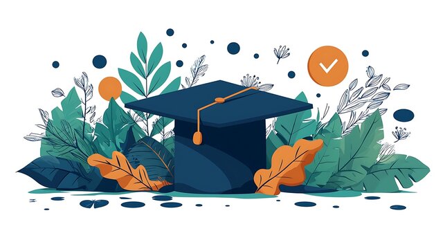 Graduation cap, foliage background, achievement, online learning