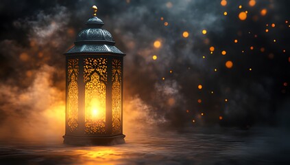 Fototapeta premium Smoky Islamic lantern against a dark background.