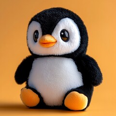 Naklejka premium A close-up photograph of a cute stuffed toy penguin with big eyes sitting on an orange surface against an orange background.