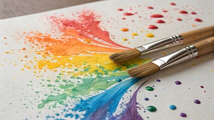 Obraz premium Rainbow Paint Splatter Art Brushes Creative Hobby Colorful Artwork