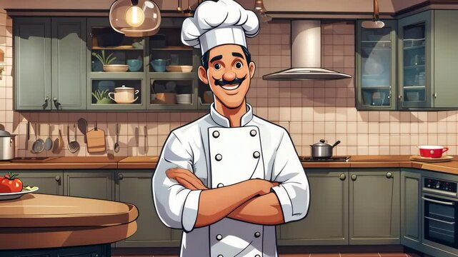 Cartoon chef smiling with crossed arms, showcasing professionalism and culinary expertise.