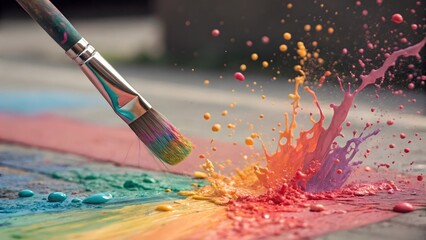 Obraz premium Vibrant Rainbow Paint Splash Artist Brush Creative Artwork