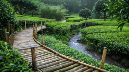 A winding bamboo path through a tea garden by a small creek showcasing pristine greenery and tranquility for eco-tourism use

