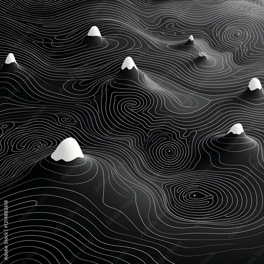 Poster 3d render of topographic map showing snow-capped mountains and valleys elegantly