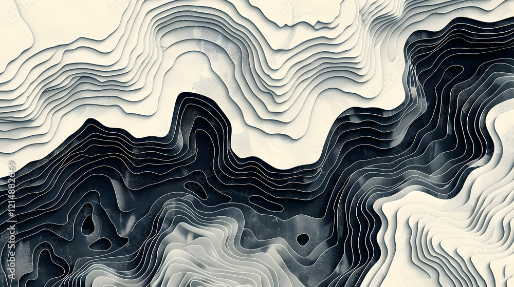 Poster Abstract 3D Topographic Contour Lines Creates a Visually Striking Design with Depth and Shadows.