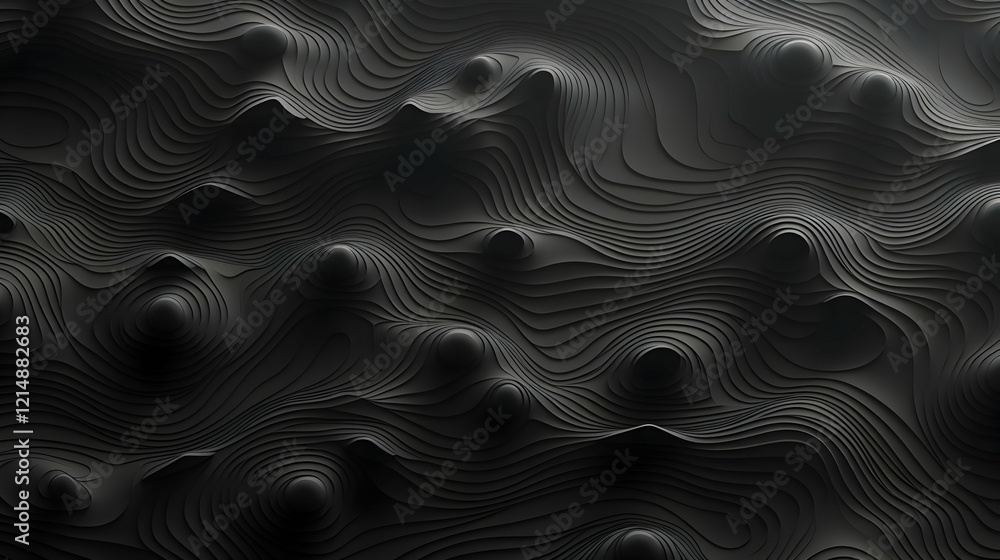 Poster 3d render of abstract black topographic contour lines creates an intriguing visual with smooth curve