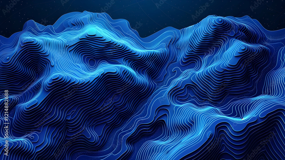 Aufkleber 3d topographic map rendering shows abstract blue terrain with contour lines and glowing edges under 