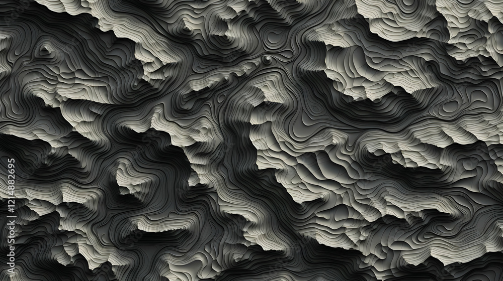 Poster 3d topographic contour lines form an abstract landscape of gray and black undulating shapes.