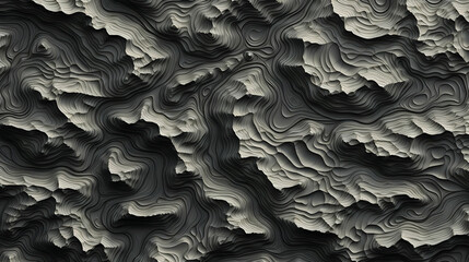 3D Topographic Contour Lines Form an Abstract Landscape of Gray and Black Undulating Shapes.
