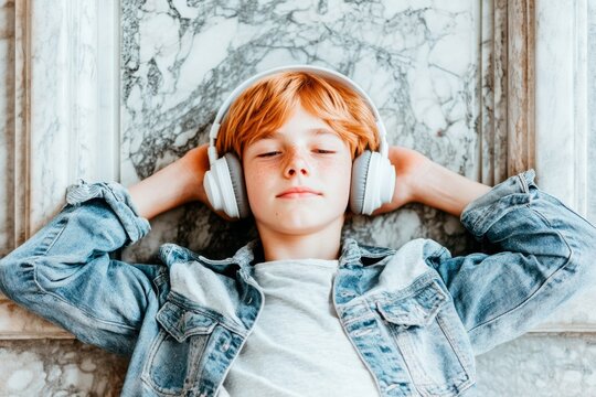 A teenager lying on the floor with headphones on, staring at the ceiling with an unamused expression