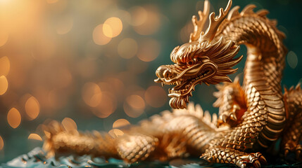 Obraz premium Golden Dragon Sculpture Rests Majestically on a Reflective Surface with Soft, Golden Bokeh