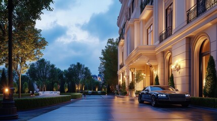 Luxury Mansion Entrance with a Black Sedan