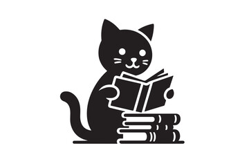 A cat reading books icon silhouette illustration with white background.