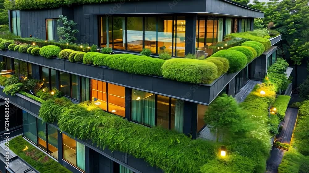 Poster a modern house features an innovative eco-friendly design with multiple levels covered in lush green