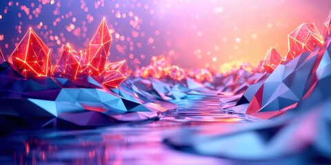 Obraz premium Blue and red background with a river and mountains