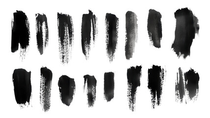 Black Ink Brushstrokes: A collection of 19 unique and expressive black ink brushstrokes, rendered in a minimalist style, providing a diverse range of textures and shapes for design, artistic.