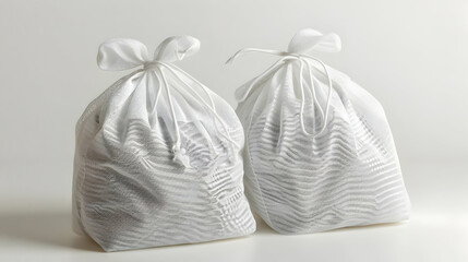 Two White Mesh Laundry Bags Filled with Clothes Rest on a White Surface.