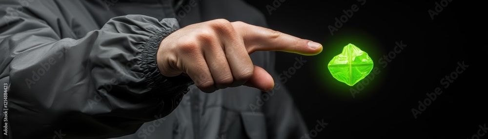 Poster person pointing towards a striking green object, study in color and gesture person